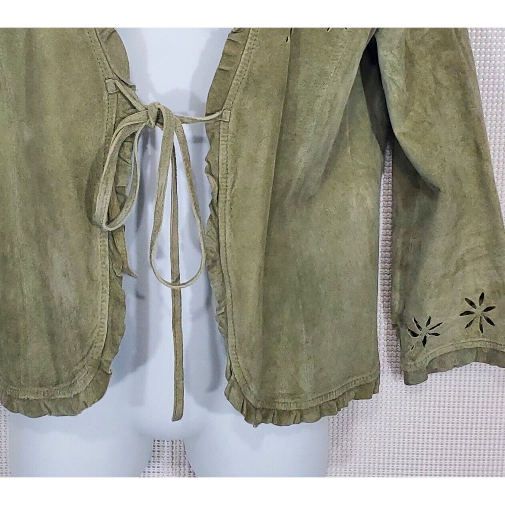 Karen Kane Lifestyle Suede Jacket Small Laser Cut Sage Green Blazer Tie Front - Picture 3 of 15